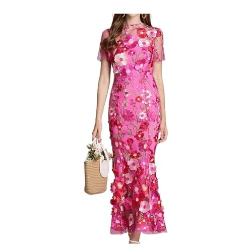 INFJMH Women's 3D Floral Embroidery Long Dress Elegant Short Sleeve Fishtail Lace Bodycon Party Cocktail Dress