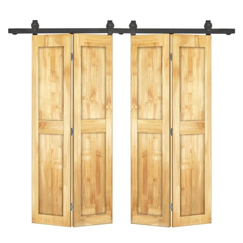 Image of 64 in. x 84 in. 2 Panel Shaker Hollow Core Weather Oak Pine Wood Double Bi-Fold Door with Barn Door Hardware Kit