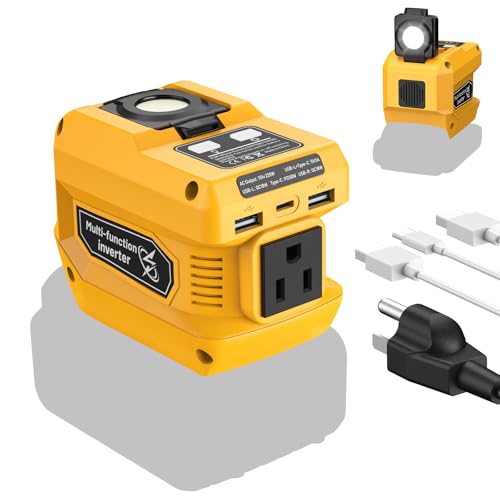 Azocek 220W Power Inverter Compatible with Dewalt 20V Battery(Battery not Included), DC 20V to AC 110V, 2 USB Ports & 1 Type-C Fast Charging, 400LM LED Work Light