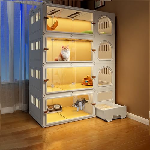 TUPAFJU 2/3/4 Tier Large Cat Cages Indoor, Cat Cage with Litter Box, cat Villa， Home Indoor cat cage，Cat Patio Enclosure Outdoor, Pet Cage with Toilet(White,Quadruple Layer)