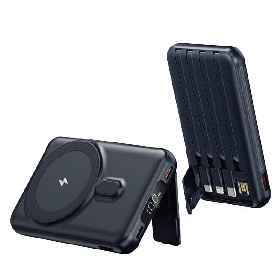 All in One Mini Power Bank! Wireless AND Built-in Type-C, USB, Micro, and lightning cables. Compatable with all smart phones. Cable cover/stand, 10000mAh, Super Fast (22.5W), (Black)