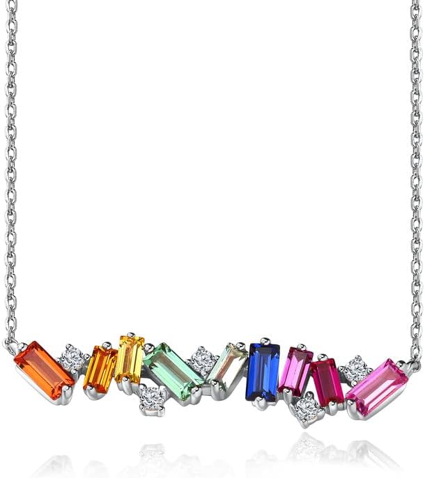 Curved Bar Baguette Necklace for Women 925 Sterling Silver Lab Created Colorful Gemstone Pendant Necklace