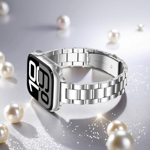 Image of Anlinser Bands Compatible with Apple Watch Band 49mm 46mm 45mm 44mm 42mm, Women Slim Stainless Steel Metal Strap for iWatch Ultra 2 Series 10 9 8 7 6 5 4 3 2 1 SE (Silver)
