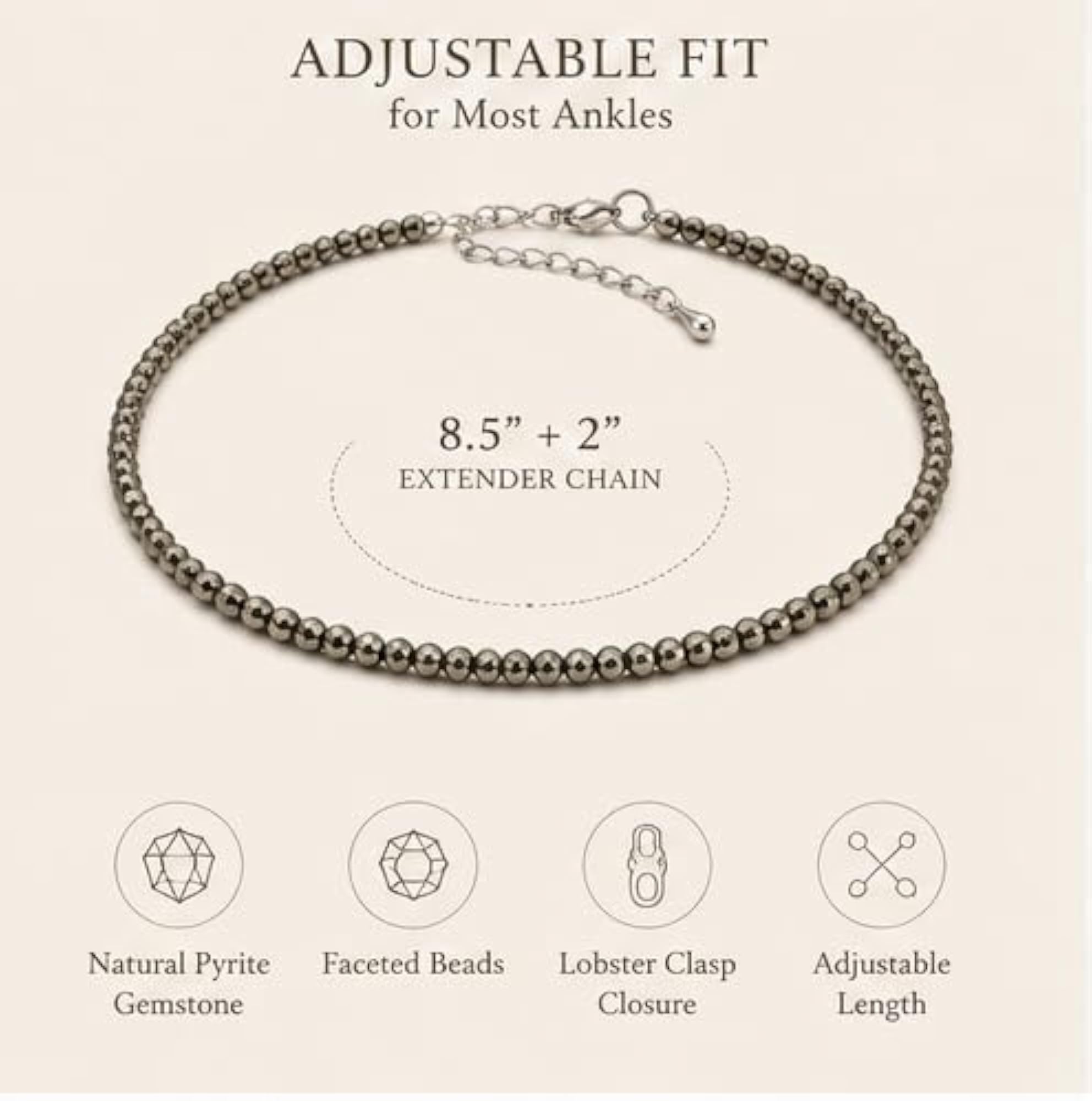 Women's Natural Pyrite Bead Anklet with Adjustable Chain