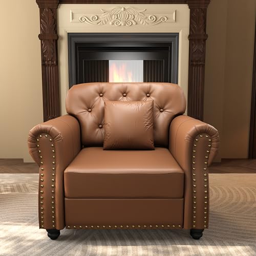 KEIKI 41" Faux Leather Chesterfield Sofa with Rolled Arms & Nailhead Trim, Modern Style 1-Seater Button Tufted Couch with High Resilience Cushion & 1 Pillow, Easy Assembly, for Living Room, Brown