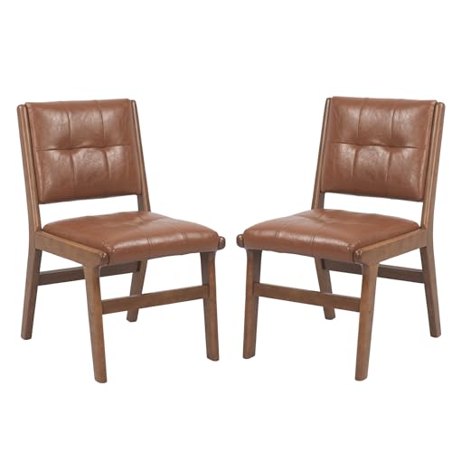 Image of KCC Modern PU Leather Dining Chairs Set of 2, Upholstered Kitchen Chairs with Solid Wood Legs and Comfortable Seat for Dining Room Lounge Bedroom(Brown)