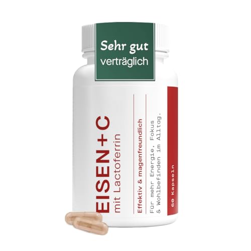 Magenfreundliche Eisentabletten für Frauen mit Lactoferrin & 142 mg Vitamin C – Effektiv & bioverfügbar – vegetarisch, ohne Zusätze – Eisen-Bisglycinat & natürliches Vitamin C (60 Kapseln)