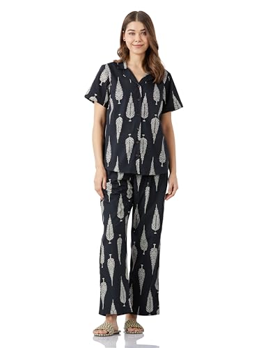 Image of Amazon Brand - Myx Women Cotton Shirt and Relaxed Pajama Set | Night Suit Set (Available in Plus Sizes)