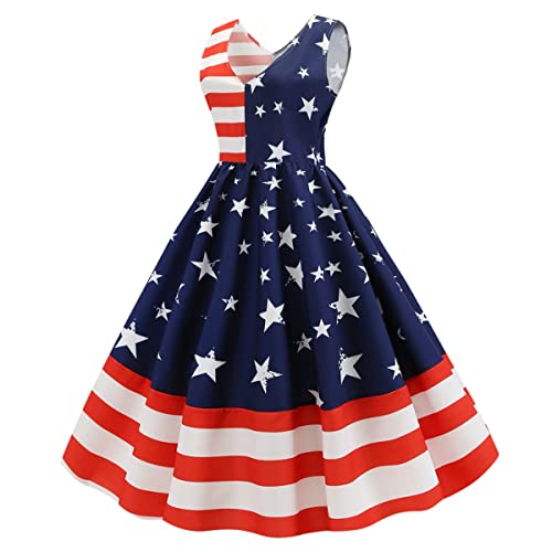Image of OBEEII Womens 4th of July Dress Retro Spaghetti Strap American Flag Midi Dress Summer Cocktail A-line Swing Dress