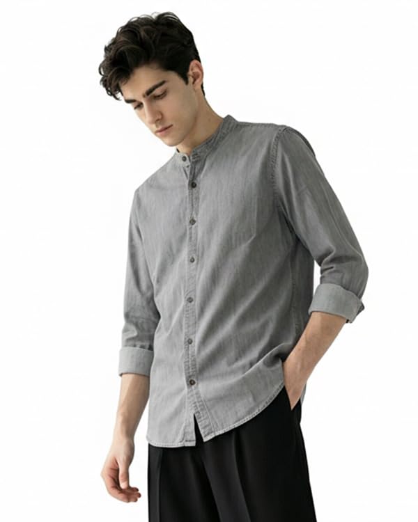 Image of Amazon Brand - INKAST Men Washed Cotton Twill Denim Casual Button Down Shirt | Mandarin Collar | Full Sleeves | Regular Fit | Stylish Summer - Everyday Wear