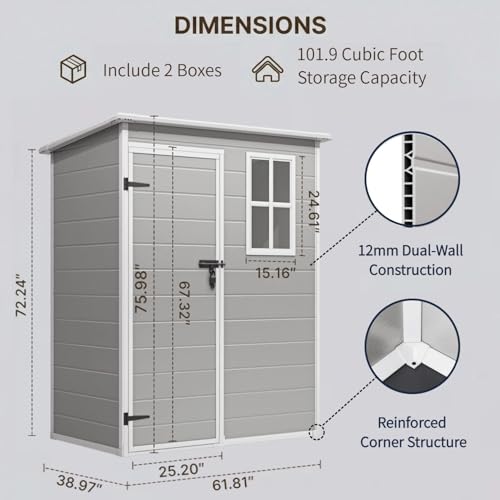 Gizoon 5x3 FT Resin Outdoor Storage Shed, Weather-Resistant Plastic Garden Tool Shed with Floor and Lockable Door for Backyard, Patio, Lawn, Grey