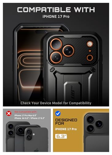 Image of SUPCASE for iPhone 17 Pro Case with Camera Control Button (Unicorn Beetle Pro), [Built-in Kickstand & Screen Protector] [Military-Grade Protection] Full Body Heavy Duty Phone Case, Black