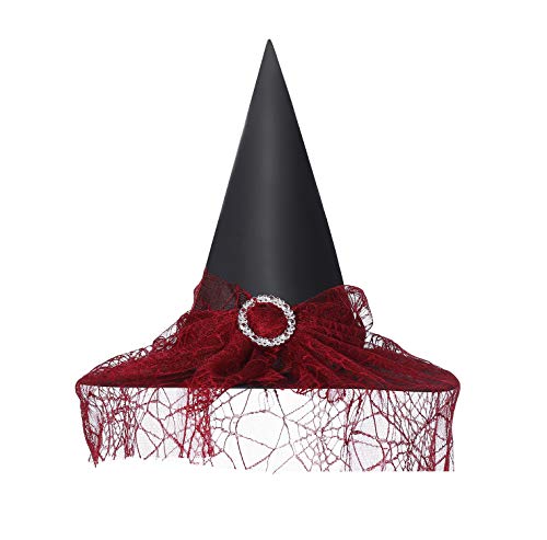 SIAEAMRG Witch Hats for Women, Adult Witch Vampire Halloween Costumes Accessories, Black/Purple/White/Red Foldable Witch Hat, A-wine Red+lace, One size