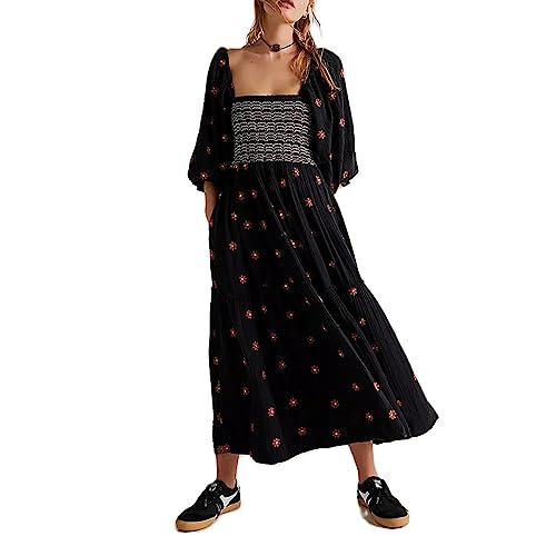 Barbotimer Vestido largo bordado de flores para mujer, manga farol, cuello cuadrado, escalonado, vestido de primavera y otoño, Negro, S