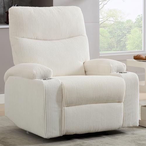 Manual Recliner Chair with Pull Ring, 3 Position 140° Reclining Sofa for Living Room, Nursery, RV, and Office,Oversized Recliner Chairs for Adults(White Corduroy Fabric)