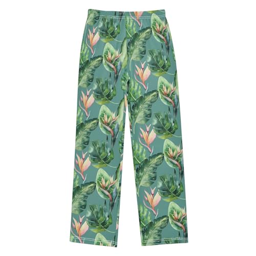 Aloha Flowers Palm Leaves Boys Long Pants Soft Trousers Elastic Waist Kids Lounge Bottoms with Pockets S-XL