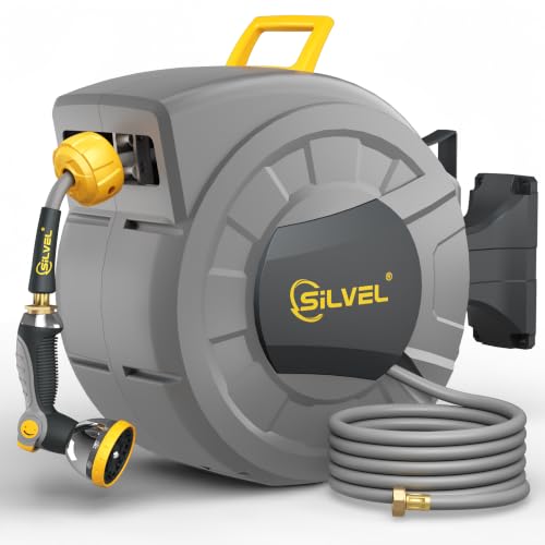 Image of Retractable Garden Hose Reel, 1 /2 inch x 130ft Wall Mount Heavy Duty Automatic Hose Reel with 10 Pattern Nozzle, Any Length Lock & Slow Return System, 180Swivel Bracket Upgraded UV Resistant,Yellow