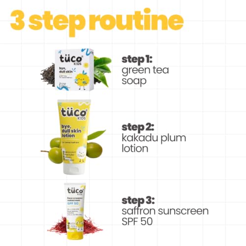 Image of Tuco Kids 3-in-1 De-Tan Kit | Sunscreen SPF 50 + Summer Lotion + Dull Skin Soap | Turmeric, Kakadu Plum & Saffron | Paraben & Sulphate Free | Ages 3-15 | Boys & Girls