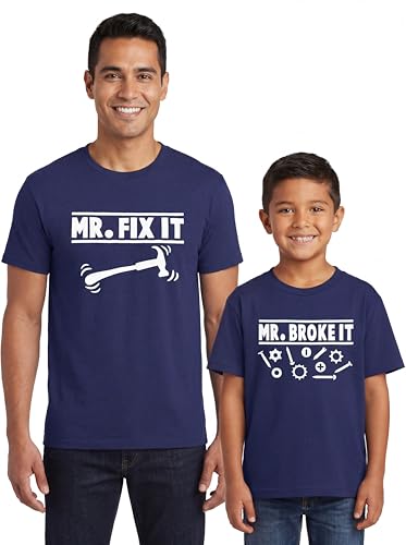 Image of Mr Fix It and Mr Broke It Daddy and Me Matching Father's Day Shirts Set Blue