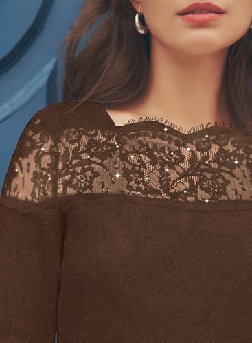 Miholl Womens Sweaters Fall Winter Lace Crew Neck Long Sleeve Cozy Pullover Jumper Tops Brown Xl thumb #4