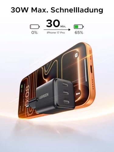 UGREEN USB C Ladegerät 30W, 3X USB-C-Port, GaN iPhone Netzteil – Ansicht 2