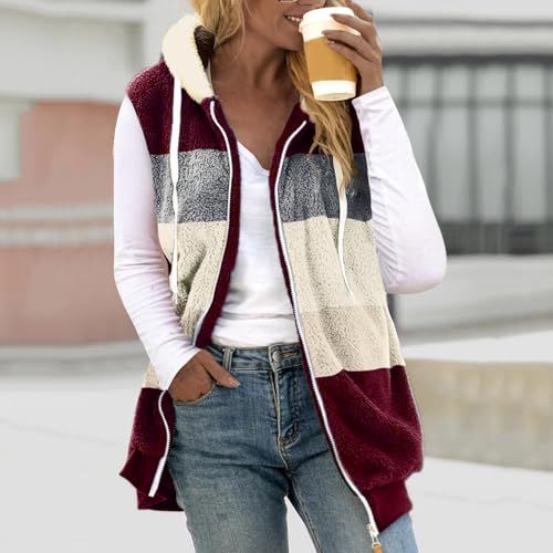 Oversized Sherpa Vest Womens Fuzzy Warm Hooded Vest Long Color Block Sleeveless Reversible Zip Up Jacket with Pockets2