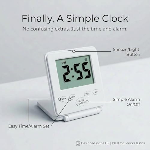 Image of Digital Travel Alarm Clock - No Bells, No Whistles, Simple Basic Operation, Loud Alarm, Snooze, Small and Light, ON /Off Switch, 2 AAA Battery Powered, White