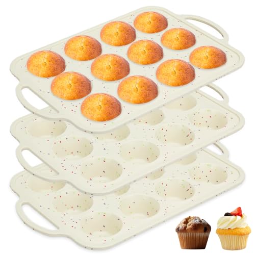 Mototo Silicone Muffin Pan Set of 3-12 Cups Cupcake Baking Mold with Metal Frame Nonstick BPA Free Silicone Cupcake Pan with Handle For Baking Muffin Tray for Egg Bite, Cornbread, Brownies, Cream