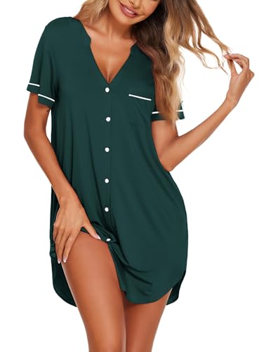 Image of Ekouaer Nightgowns for Women Button Down Night Gowns Short Sleeve Sleep Shirt V Neck Nightshirt Soft Sleepwear Pajams Dress Lake Green Small