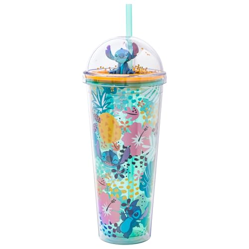 Image of Silver Buffalo Disney Lilo and Stitch Aloha, Dome Top Travel Tumbler, 24oz | Tropical Leaves Pattern, Glitter Finish, 0.71 Liters