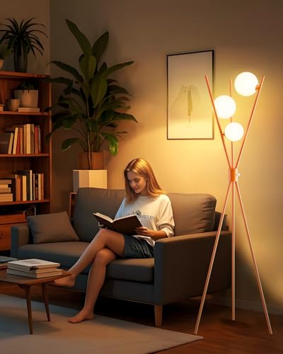 Image of Lightdot Globe Standing Lamps Stepless Dimmable Tripod Floor Lamp with 3PCS 3000K Bulbs Included Stable Base Orange Mid Century Modern Floor Lamp for Living Room /Bedroom /Sofa Beside /Corner Decor