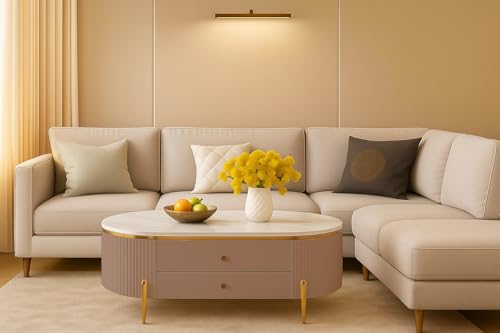 Image of WOODEN SPACE Premium Moderno Marble-Top Coffee Table with Storage Drawer & PVD Coated Iron Legs | Oval Wooden Center Table for Living Room & Entryway (Pink)