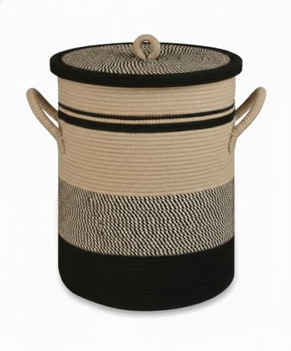 Image of Basket with Lid, 15 inch x 20 inch Woven Storage Basket for Blankets, Toys, Pillows, Towels, Living Room Bedroom Storage Bin, Round Rope Basket with Lid, Wicker Baskets for Organizing (BG9)