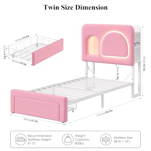 Image of Twin Bed Frame for Girls with Storage Headboard & Charging Station, Pink