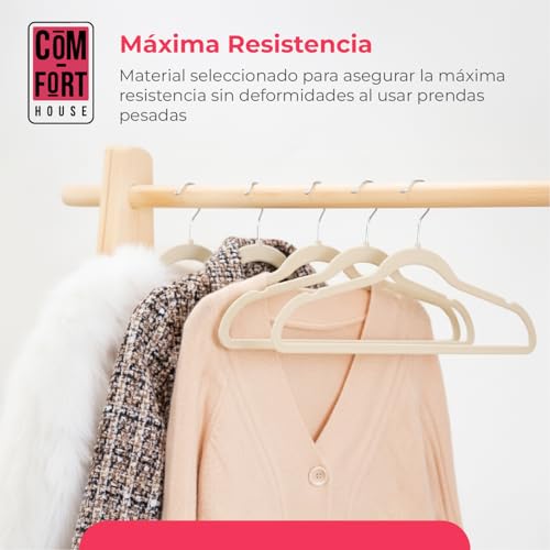 COM-FORT HOUSE- Perchas Terciopelo Antideslizantes- Pack 20 Unidades- Color Beige- Diseño Ultrafino Ahorra Espacio - Gancho Giratorio 360° - para Trajes, Vestidos, Camisas