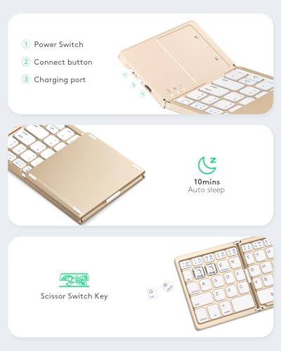 Image of Samsers Foldable Bluetooth Keyboard with Touchpad, Ultra Slim Compact, Gold | Multi-touch Trackpad, Full Size, Phone Holder, USB-C Charging, 1 Device, for Android Windows iOS Mac OS, Mobile Productivity