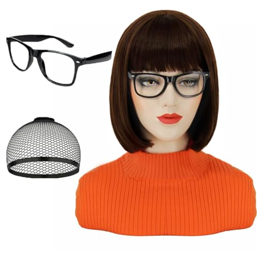 PORSMEER Short Brown Bob Wig Velma Wig with Black Glasses for Adult Women Cosplay Short Wig With Bangs Natural Synthetic Hair Cute Soft Wigs for Daily Party