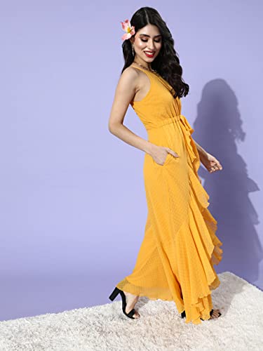 Image of Miss Chase Women's Mustard-Yellow Halter Neck Sleeveless Solid Ruffled Regular Jumpsuit