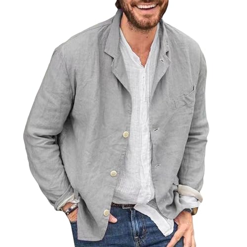 Men's Cotton Linen Casual Blazer Lightweight Solid Color Suit Jacket Loose Fit Breathable Versatile Sport Coat