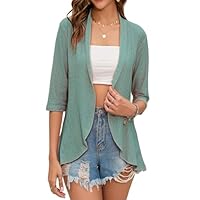 GLEENOD Cárdigan de punto para mujer, manga 3/4, informal, ligero, elegante, cárdigan con frente abierto, sin botones, verde salvia, M