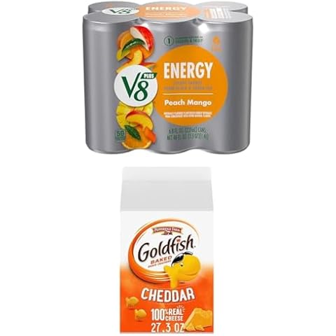 Goldfish Cheddar Cheese Crackers, 27.3 Oz Carton, and V8 +Energy Peach Mango Energy Drink, 8 Oz Can (Pack of 6) Cover