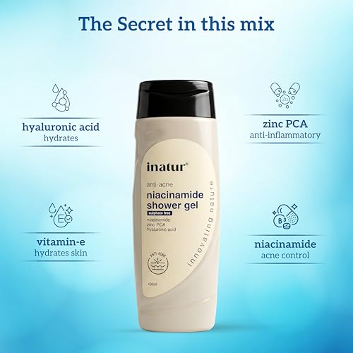 Image of inatur Niacinamide Shower Gel with Zinc PCA & Hyaluronic Acid | Intense Hydration & Skin Rejuvenation | Anti-Acne Formula for Body Acne | Sulfate-Free & Nourishing | For All Skin Types | 400ml
