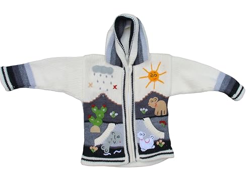 Image of Kids Sweater Handmade Cardigan with Embroidered Details Sweater Hooded Girl Boy Peru Ecuador Bolivia Chile Arpilleras Style.