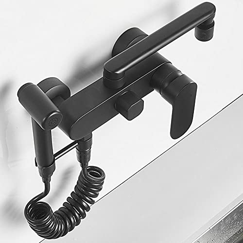 GLJTUO Brass Wall Mount Kitchen Faucet with 360° Rotation, Spray Gun, Hot & Cold Water, Double Hole Multi-Function Chrome Tap - 25cm Adjustable Design,Black -20cm