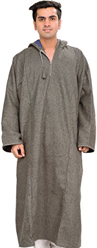 Image of Exotic India Men's Woolen Blend Kashmiri Phiran with Hood | Pure Wool Long Overcoat-Oversized Phiran for Men