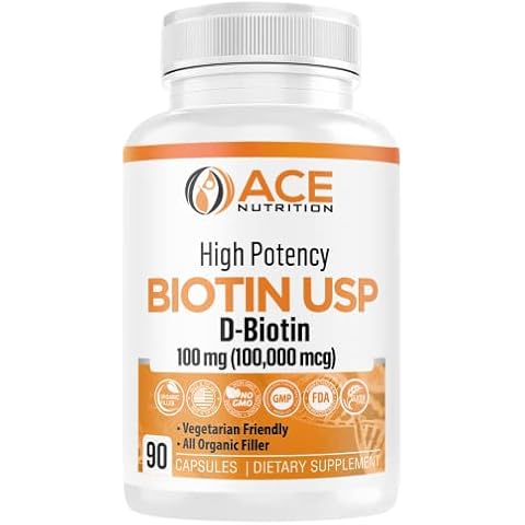 Ace Nutrition High Potency Biotin USP (D-Biotin 100,000mcg) - Superior Biotin, Organic Rice Flour, Vegetarian Capsules For Hair, Skin, & Myelin Health, Made in the USA (100mg/90 Capsules) Cover