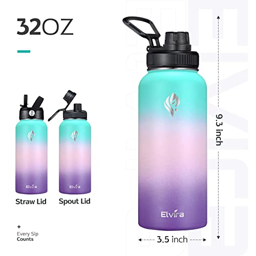 Elvira 32Oz Vacuum Insulated Stainless Steel Water Bottle With Straw & Spout Lids, Double Wall Sweat-Proof Bpa Free To Keep Beverages Cold For 24Hrs Or Hot For 12Hrs-Green/Pink/Purple Gradient #TOP1