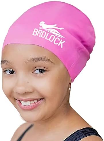 BRDLOCK Kids Swim Caps for Long Hair, Silicone Swim Cap for Girls Boys Kids Teens with Long Hair, Waterproof Swimming Cap Design for Afro Hair/Curly Hair/Long Hair Extensions (Pink, Small)
