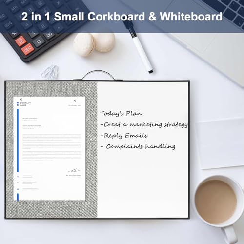 Image of Small White Board Cork-Board Combo - 16 X 12 inches Gray Linen Board & Magnetic Dry Erase Board for Wall, Mini Bulletin Cork Board with Holder for Office, Home and School