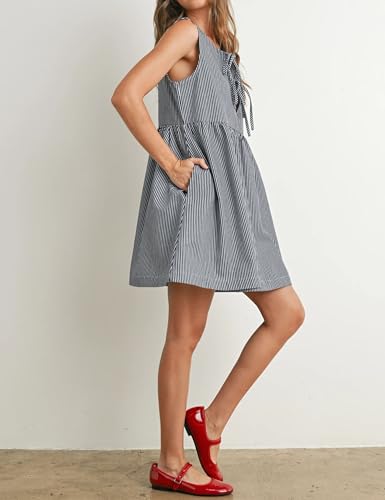 Womens Mini Red Stripe Bowknot Dress Round Neck Sleeveless A Line Casual Dresses4